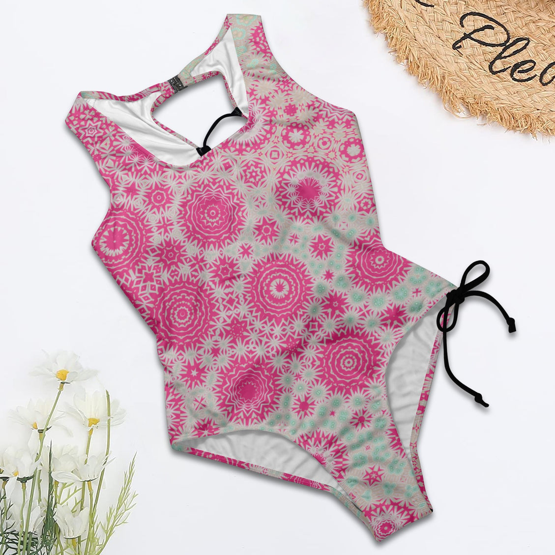 Tie Back Lace Up One Piece Swimsuit Petunias