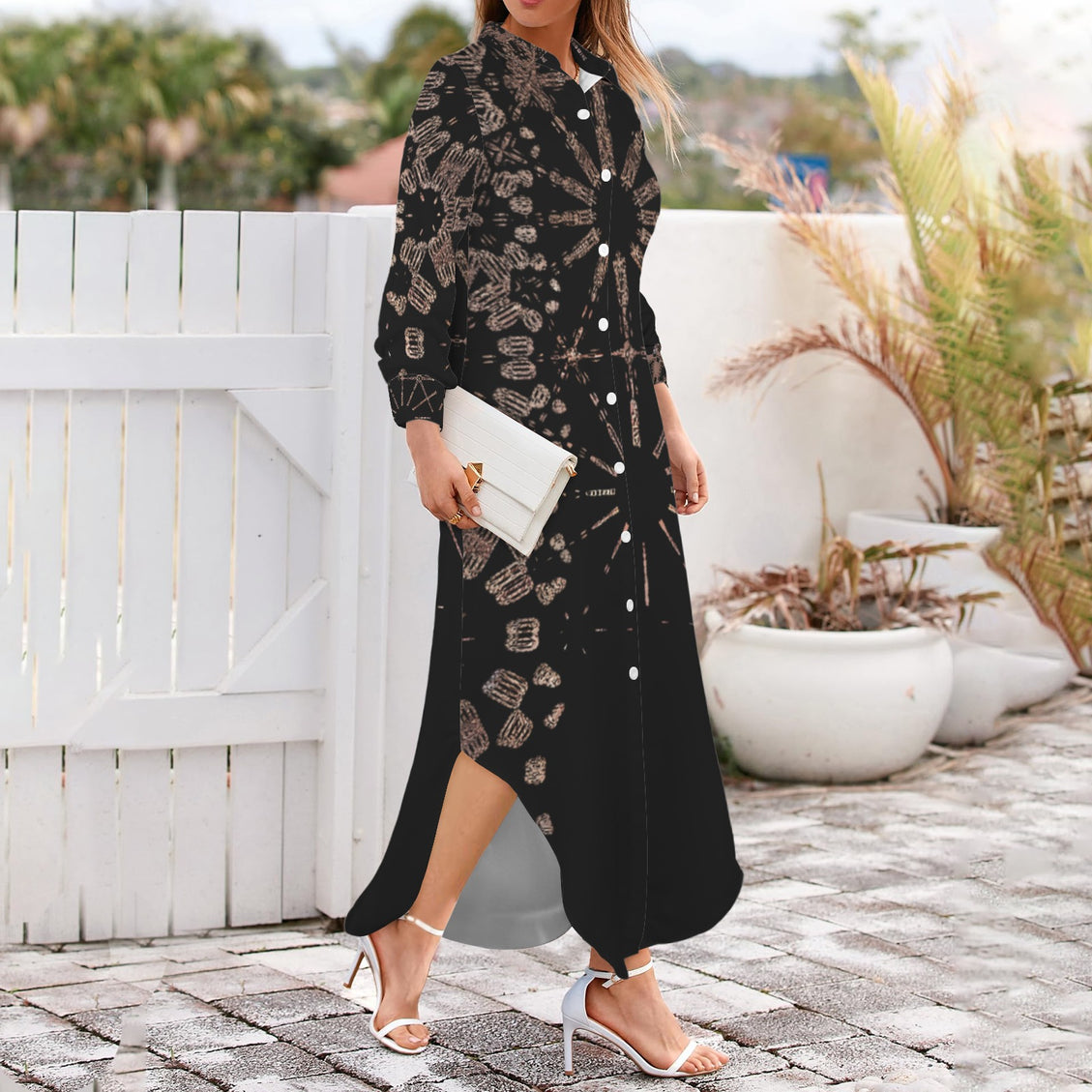 Long Sleeve Shirt Dress Black and Copper Graphic