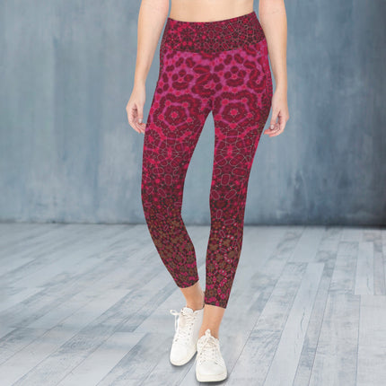 High Waist Pockets Yoga Leggings Red Leaves Abstract