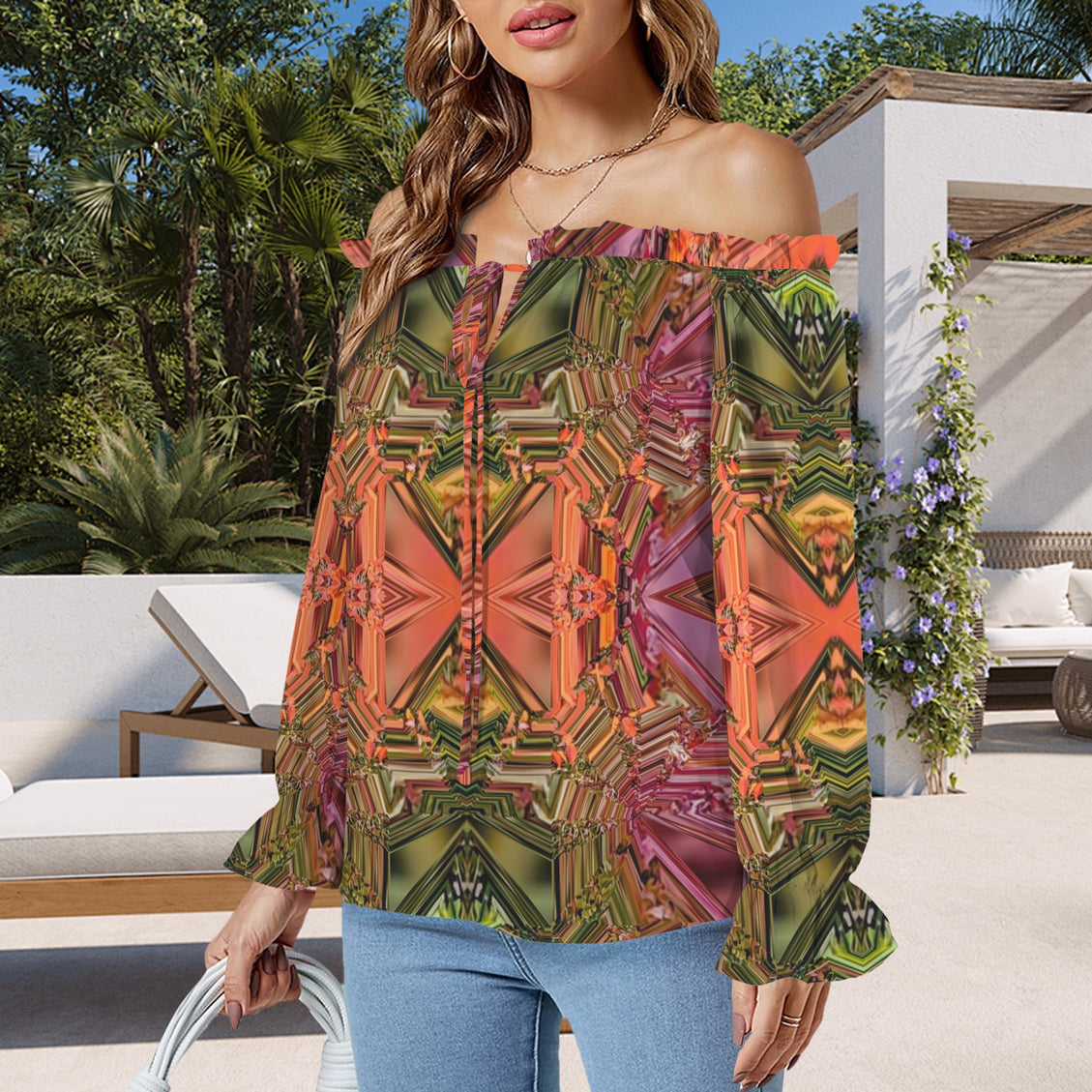 Off Shoulder Lantern Sleeve Blouse Fall Leaves Spearfish Canyon