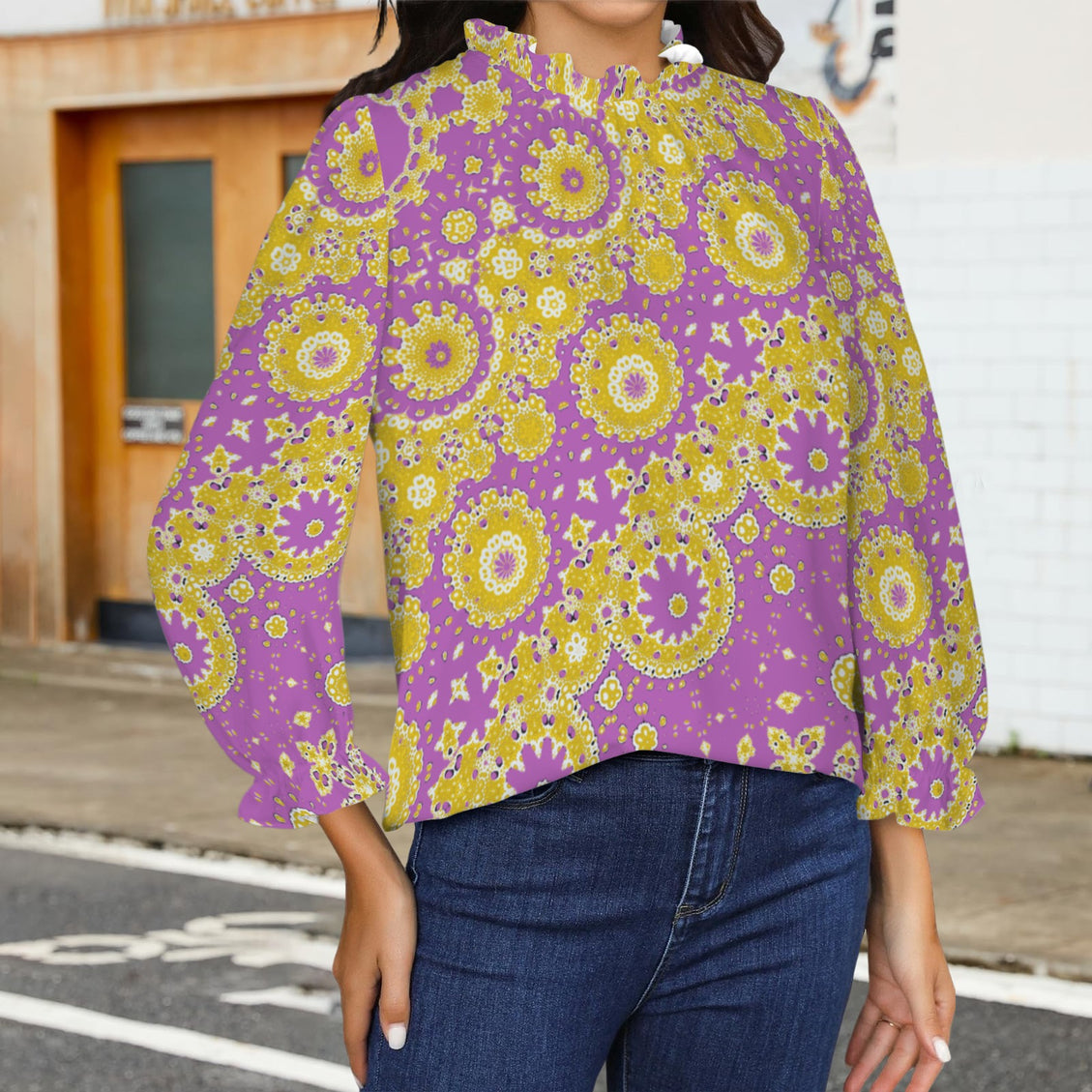 Ruffled Long Sleeve Mock Neck Blouse Purple and Gold