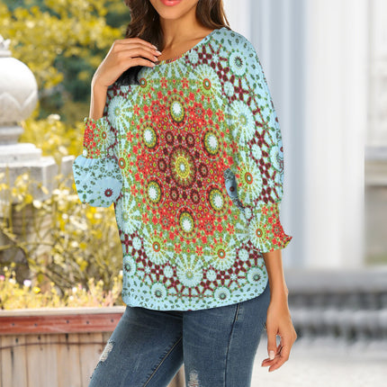 Crew Neck Pleated Sleeve T-Shirt Buffalo Berries Blue Sky Medallion