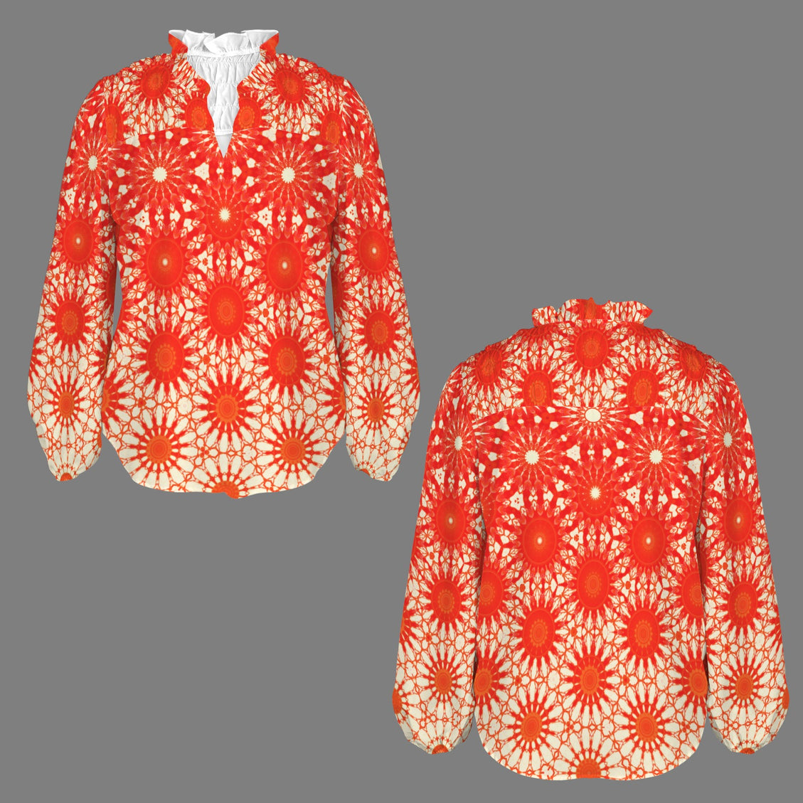 V Neck Long Sleeve Blouse Red Orange Starburst