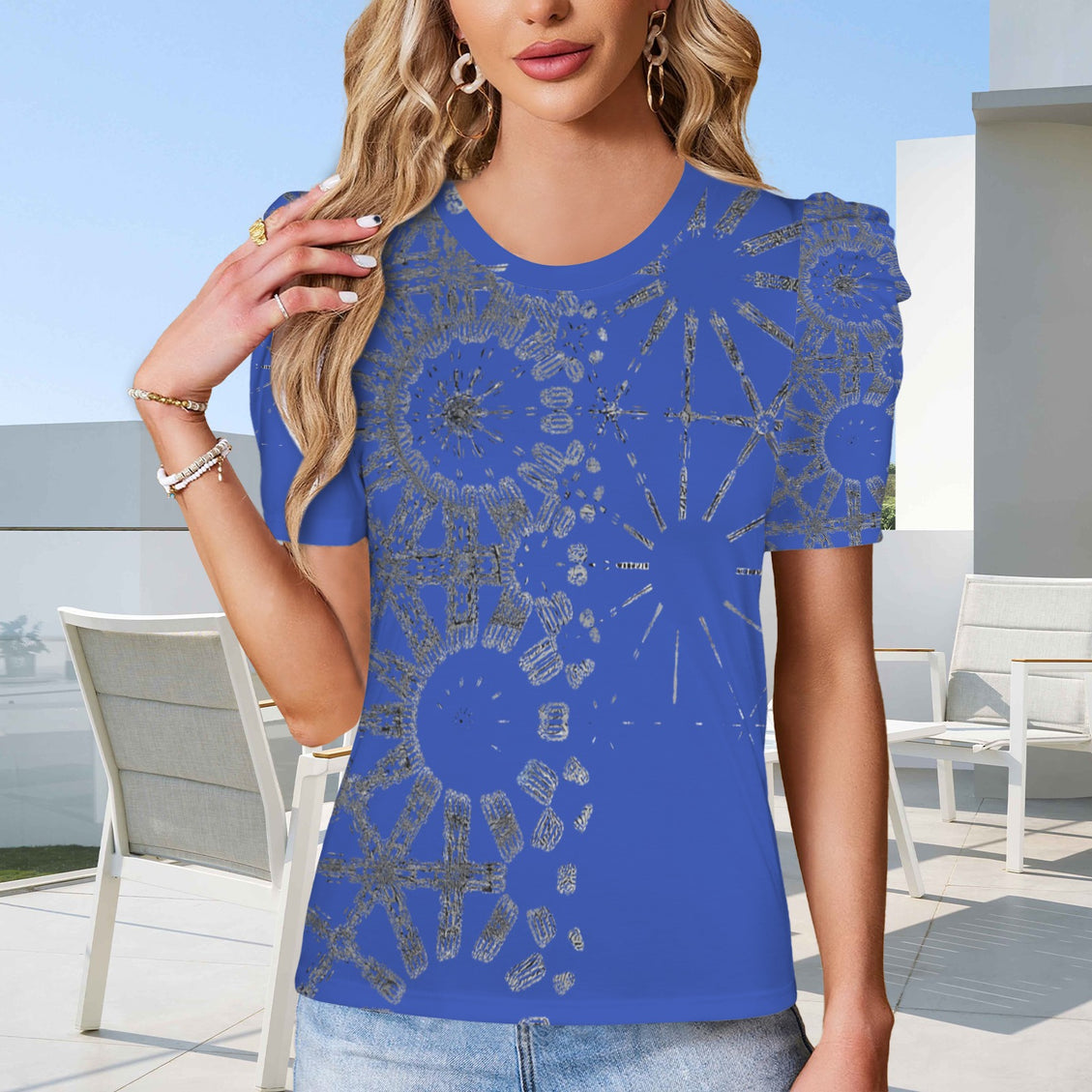 Puff Sleeve T-Shirt Blue and Silver Metallic Graphic