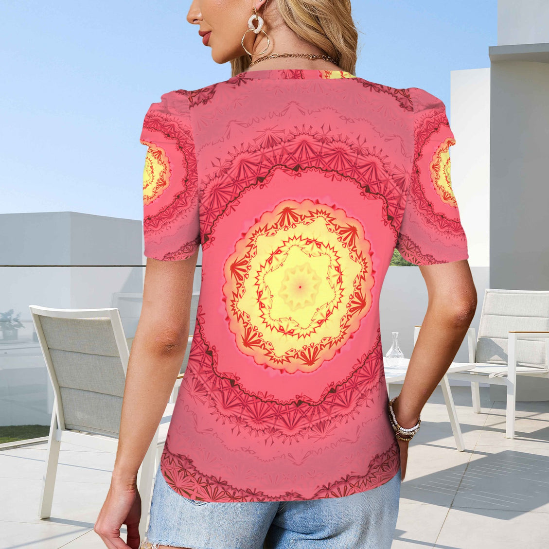 Puff Sleeve T-Shirt Pink and Yellow Medallion