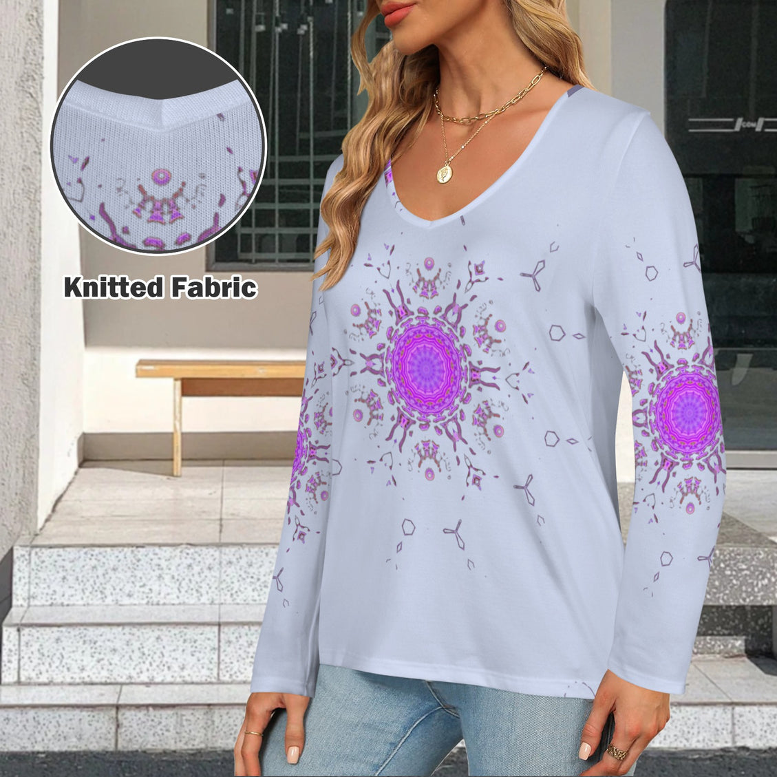 Long Sleeve V Neck Top Periwinkle Bergamot Medallion II