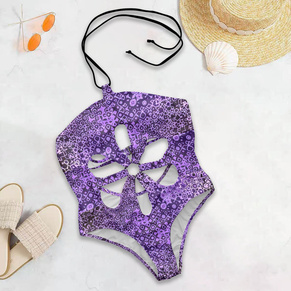 Flower Cut Out One Piece Swimsuit Purple and Black Abstract