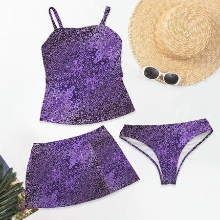 Three Piece Tankini Set Purple and Black Abstract