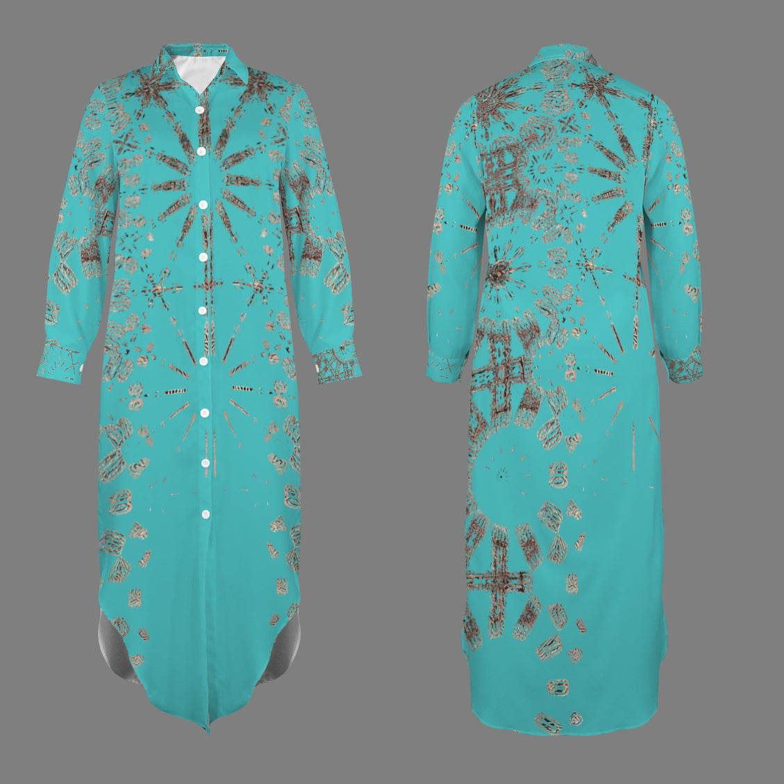 Long Sleeve Shirt Dress Turquoise and Copper Graphic