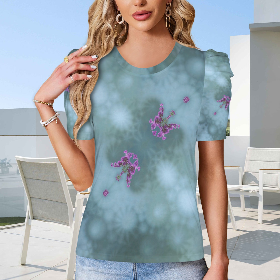 Puff Sleeve T-Shirt Dames Rocket Lakeside Graphic