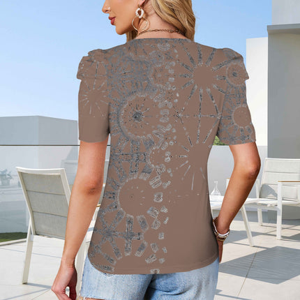 Puff Sleeve T-Shirt Brown and Silver Metallic Graphic