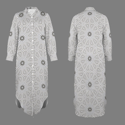 Long Sleeve Shirt Dress Carnival Tile Gray and White Geometric