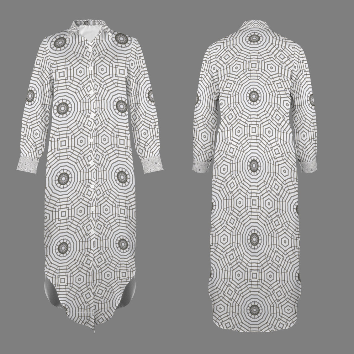 Long Sleeve Shirt Dress Carnival Tile Gray and White Geometric