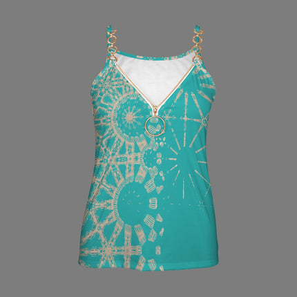 V Neck Chain Cami Turquoise and Gold Sunflower Graphic