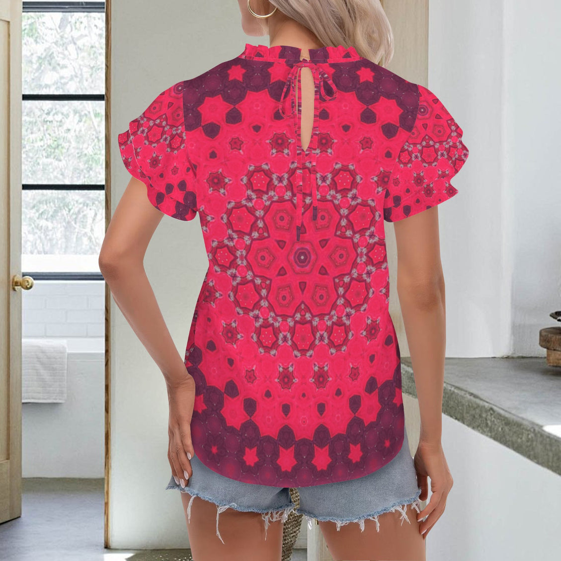 Round Neck Ruffle Sleeve Blouse Red Hollyhock