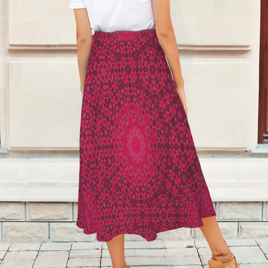 Tie Waist Wrap Skirt Red Leaves Geometric