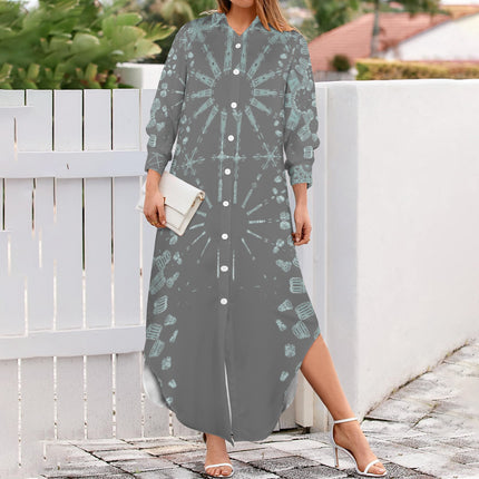 Long Sleeve Shirt Dress Turquoise and Gray Graphic