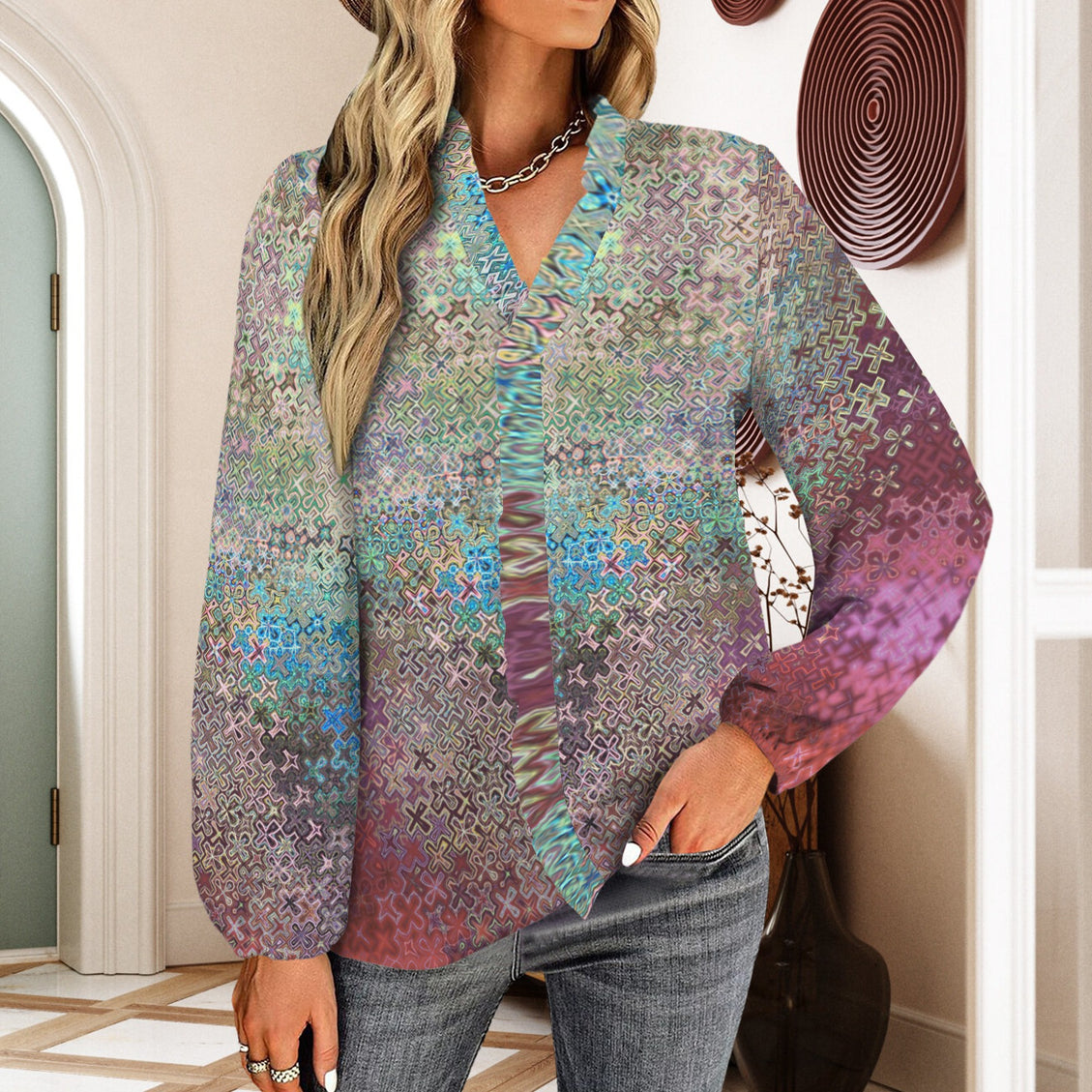 Long Sleeve Ruffled Blouse Peacock Feathers Ombre