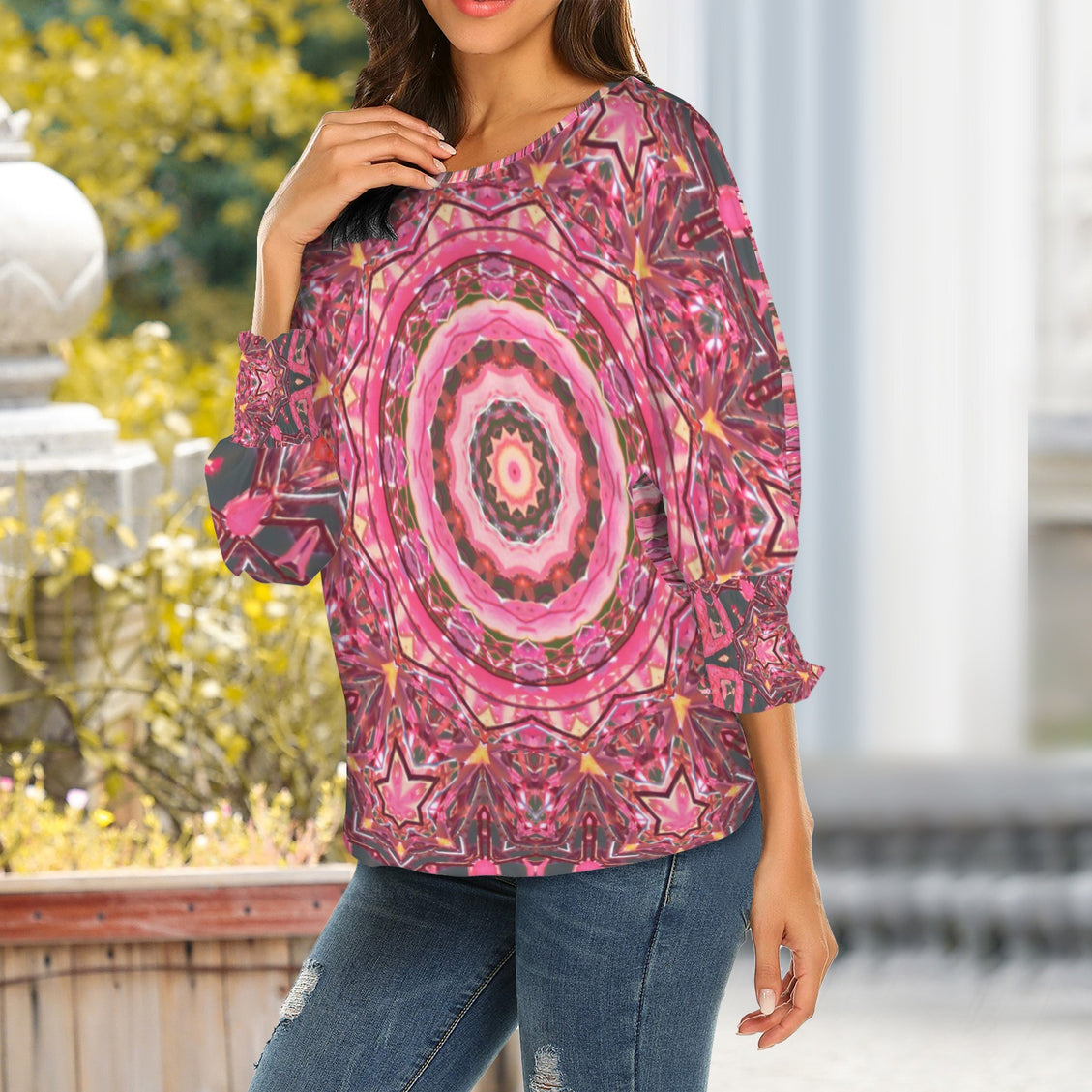 Crew Neck Pleated Sleeve T-Shirt Pink Gray Medallion