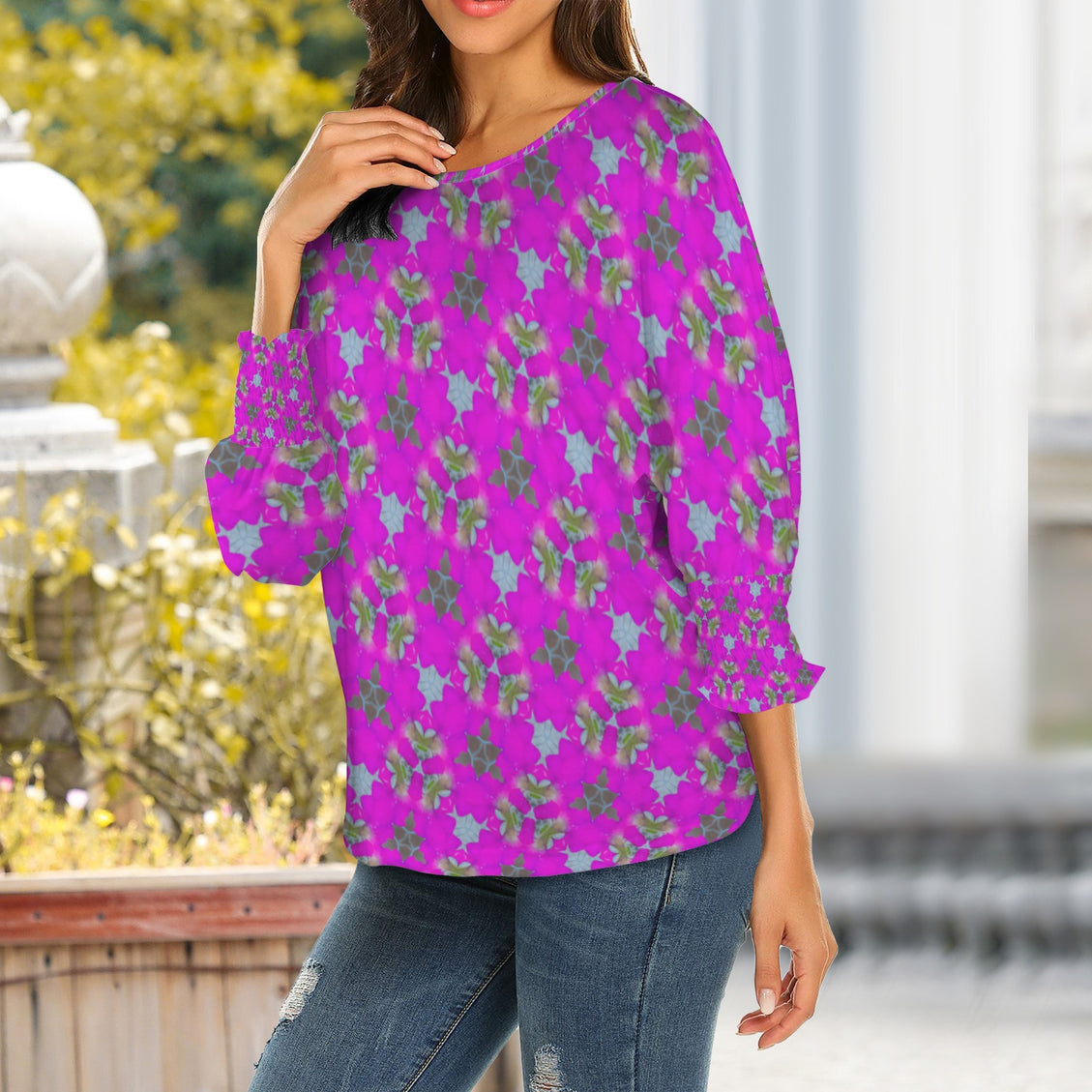 Crew Neck Pleated Sleeve T-Shirt Fuchsia