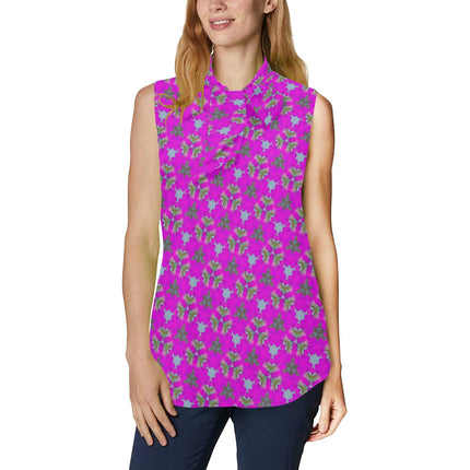 Bow Tie V Neck Sleeveless Blouse Fuchsia Floral