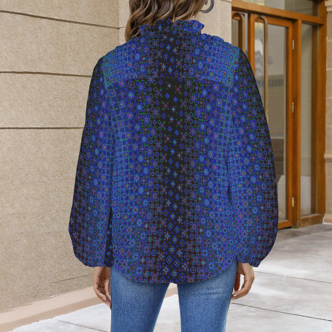 V Neck Pleated Long Sleeve Blue Lights Ombre