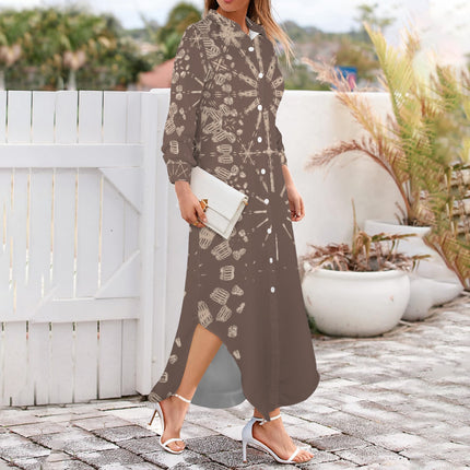 Long Sleeve Shirt Dress Brown Taupe Graphic