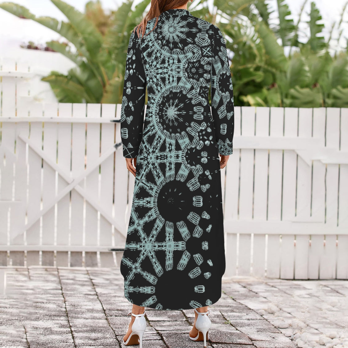 Long Sleeve Shirt Dress Turquoise and Black Graphic