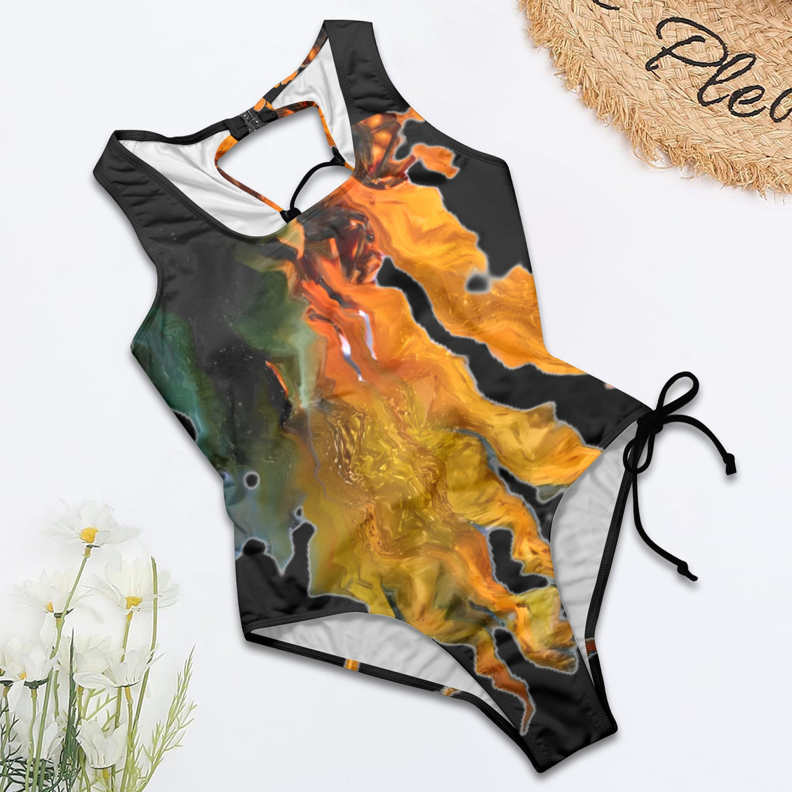 Tie Back Lace Up One Piece Swimsuit MIdnight Sunflower Black