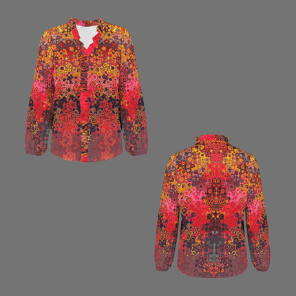 Long Sleeved Ruffled Blouse Red Multi Mosaic