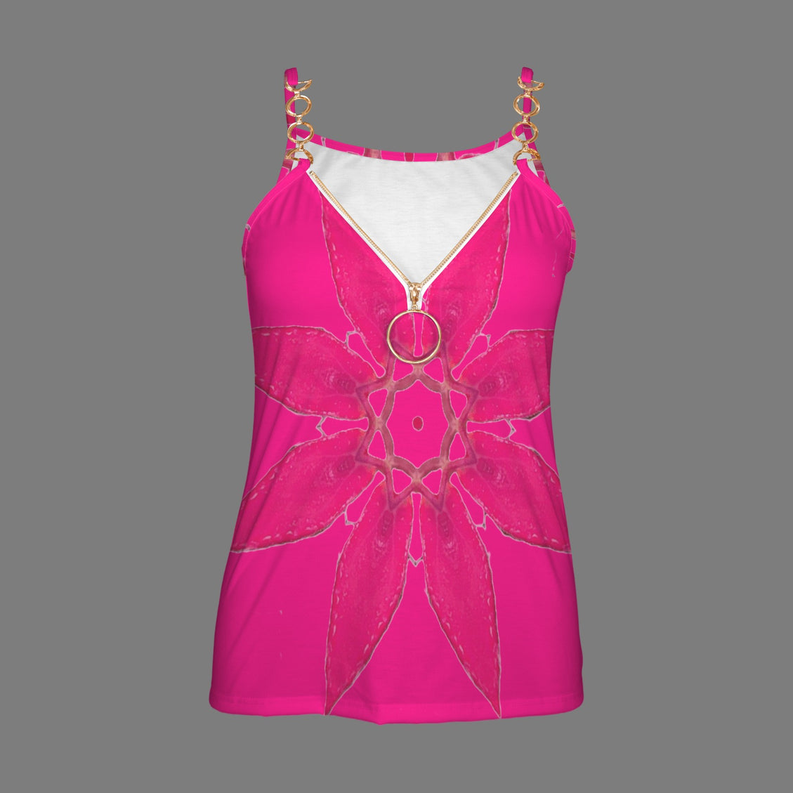 V Neck Chain Cami Leaf Hot Pink