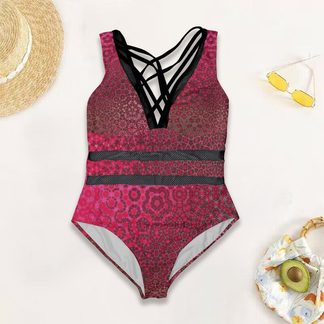 V Neck Mesh One Piece Swimsuit Red Leaves Geometric