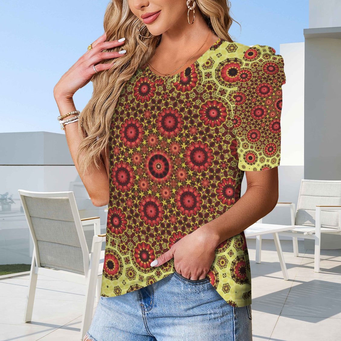 Puff Sleeve T-Shirt Fall Leaves Yellow and Red