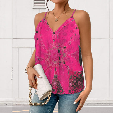 V Neck Cami Red Leaves Watercolor Fuchsia