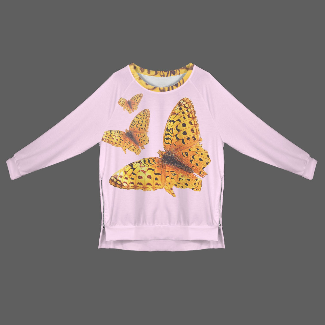 Crew Neck Long Sleeve Side Zip Sweatshirt Butterfly