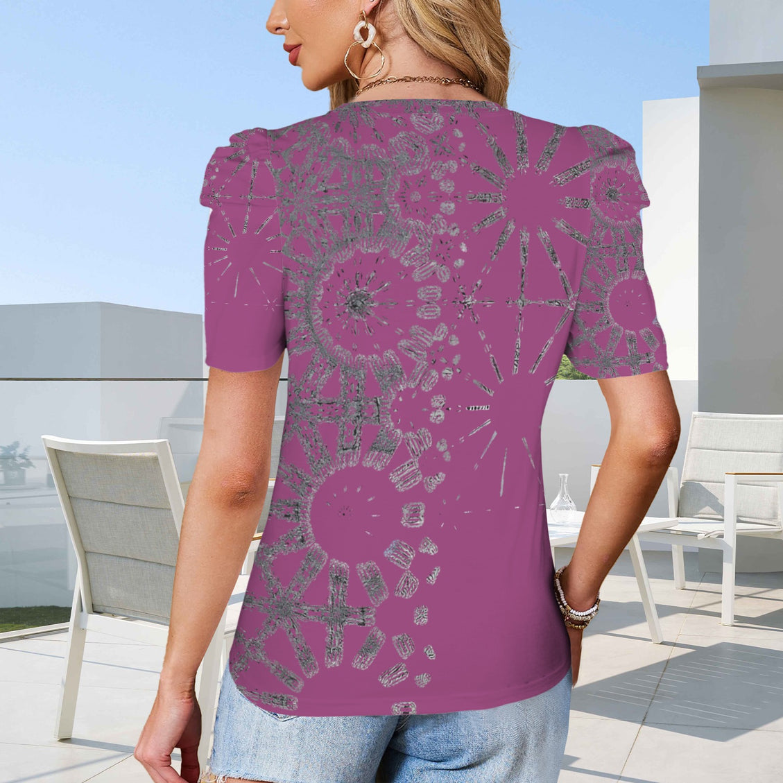 Puff Sleeve T-Shirt Cranberry and Silver Metallic Graphic