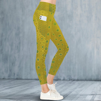 High Waist Pockets Yoga Leggings Green & Gold Lake Reflections