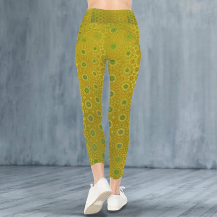 High Waist Pockets Yoga Leggings Green & Gold Lake Reflections