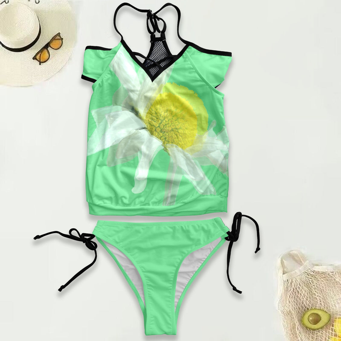 Mesh Back Tankini Daisy Watercolor Green