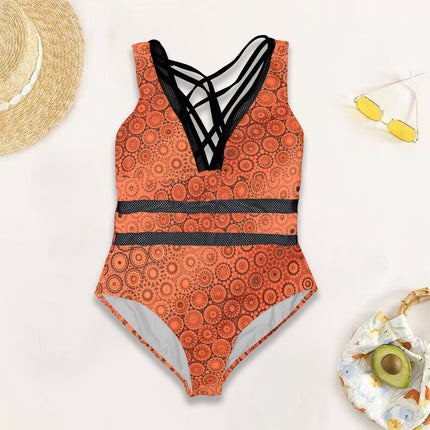 V Neck Mesh One Piece Swimsuit Orange Sunset