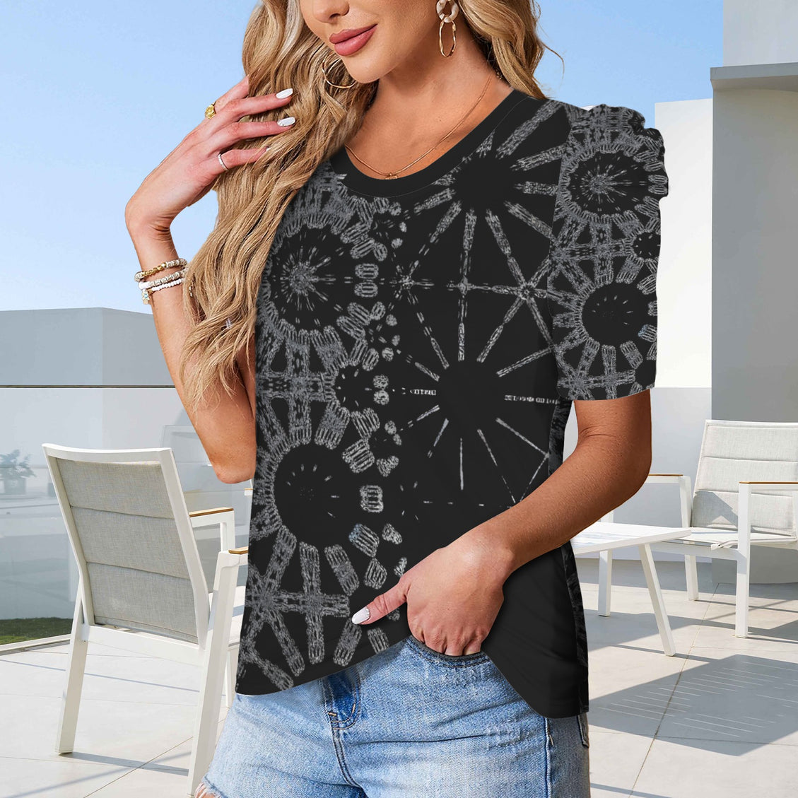 Puff Sleeve T-Shirt Black and Silver Metallic Graphic