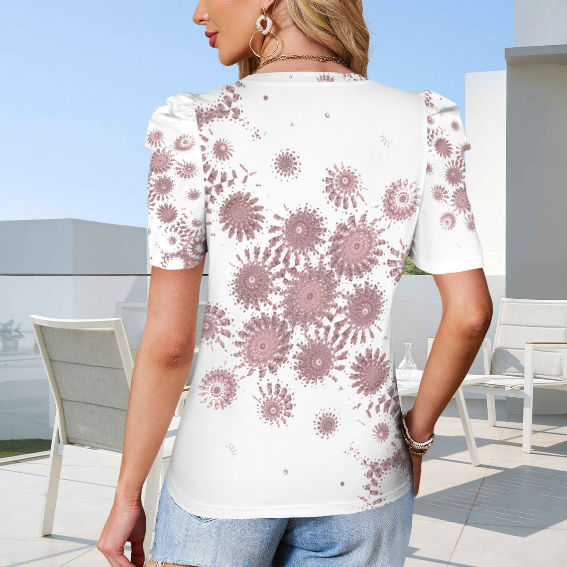 Puff Sleeve T-Shirt Burgundy Sunflower Graphic