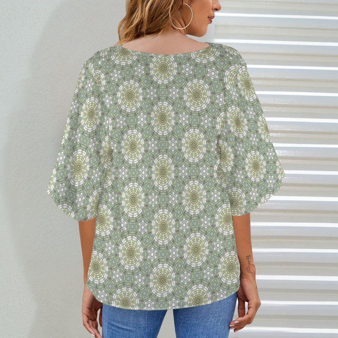 Draped Neck Blouse Carnival Tile Green and Yellow