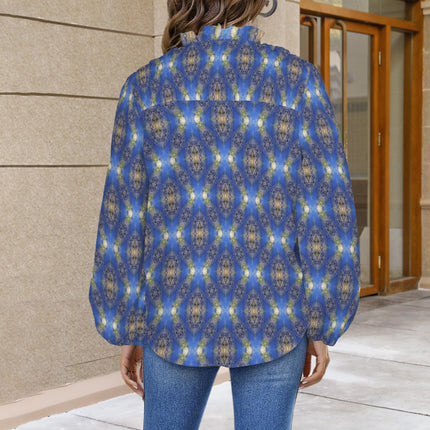 V Neck Pleated Long Sleeve Blouse Blue and Gold