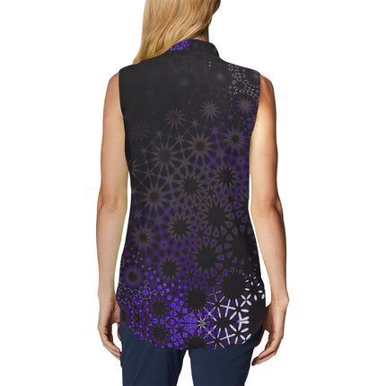 Bow Tie V Neck Sleeveless Blouse Black and Purple Abstract