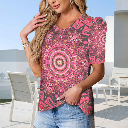 Puff Sleeve T-Shirt Pink and Gray Medallion