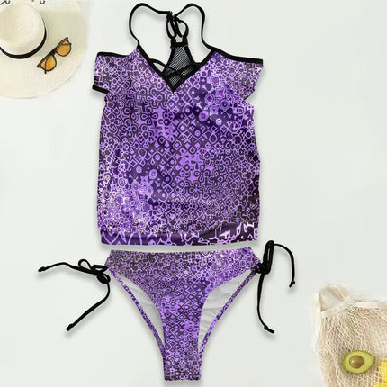 Mesh Back Tankini Purple and Black Abstract