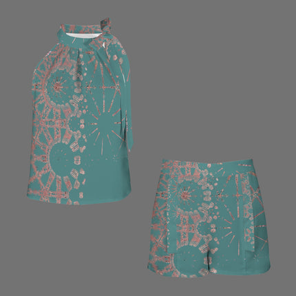 Ruched Sleeveless Tie Top and Shorts Set Teal and Rose Gold Graphic