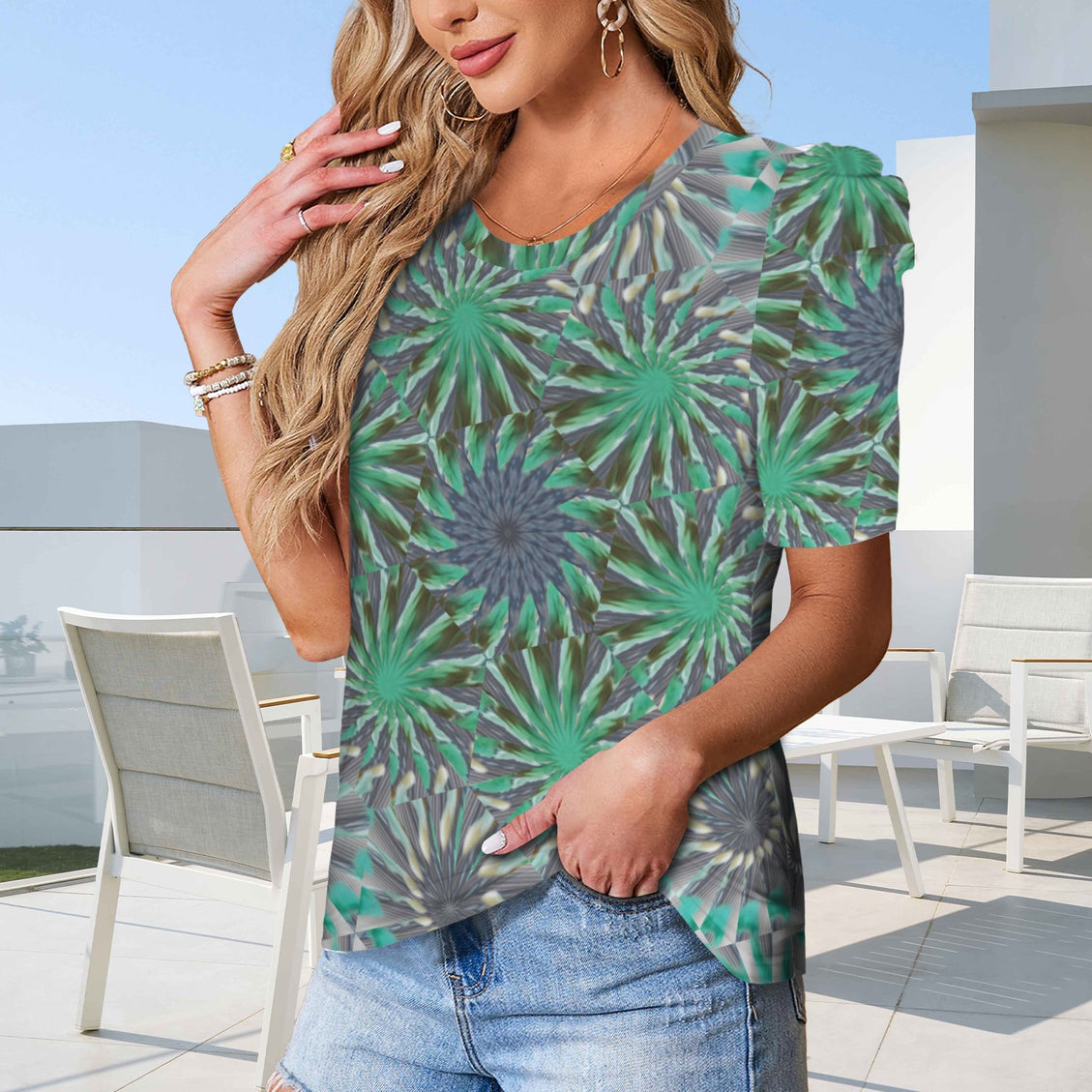 Puff Sleeve T-Shirt Turquoise Medallion