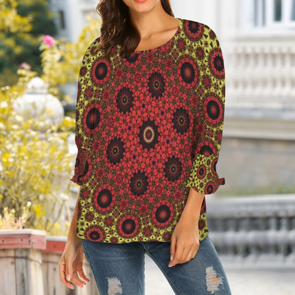 Crew Neck Pleated Sleeve T-Shirt Fall Leaves Red Black Chartreuse